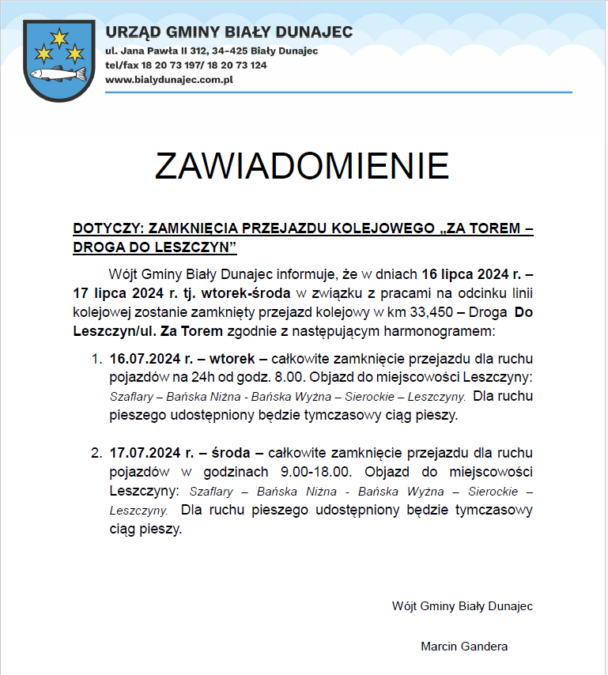 Miniaturka artykułu Zawiadomienie. Dotyczy: zamknięcia przejazdu kolejowego ul. za torem/droga do Leszczyn